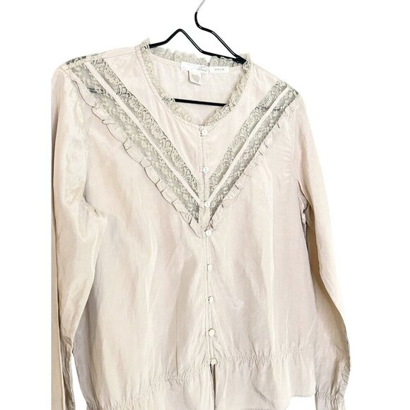Vtg Old Navy Peasant Top Women L Beige Lace Boho Ruffle Cottagecore Silk Blend - Picture 3 of 10